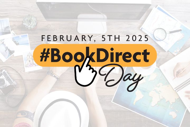 Travel planning on computer with book direct for 2025 logo